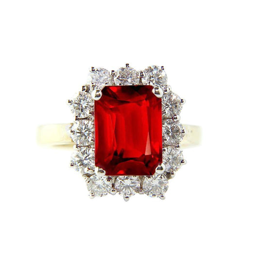 Smaragdförmiger roter Rubin mit runden Diamanten Ring 7,45 Karat Gold - harrychadent.ch