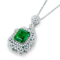 3,85 Karat Grüner Smaragd und Diamanten Anhänger Halskette 14K Weißgold