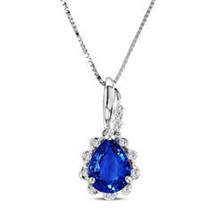 Anhänger Halskette Ceylon Blauer Saphir Diamanten 2.10 Kt Weißgold 14K