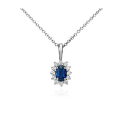 Anhänger Halskette Ceylon Saphir mit Diamanten 3.20 ct Weißgold 14K