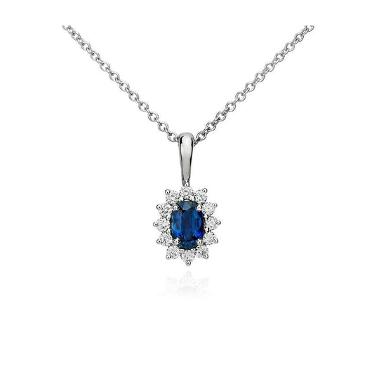 Anhänger Halskette Ceylon Saphir mit Diamanten 3.20 ct Weißgold 14K