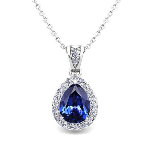 Ceylon-Saphir-Birnenschliff & Diamant-Anhänger-Halskette 2.25 Ct WG 14K