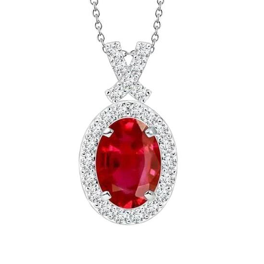 Damen Weißgold 14K Anhänger Halskette 3,80 Karat Rote Rubindiamanten