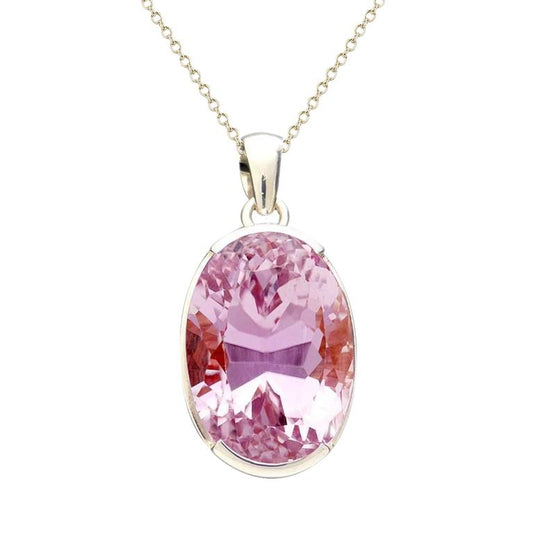 Große 36 Karat Oval Rosa Kunzit Halskette Anhänger Weißgold Schmuck