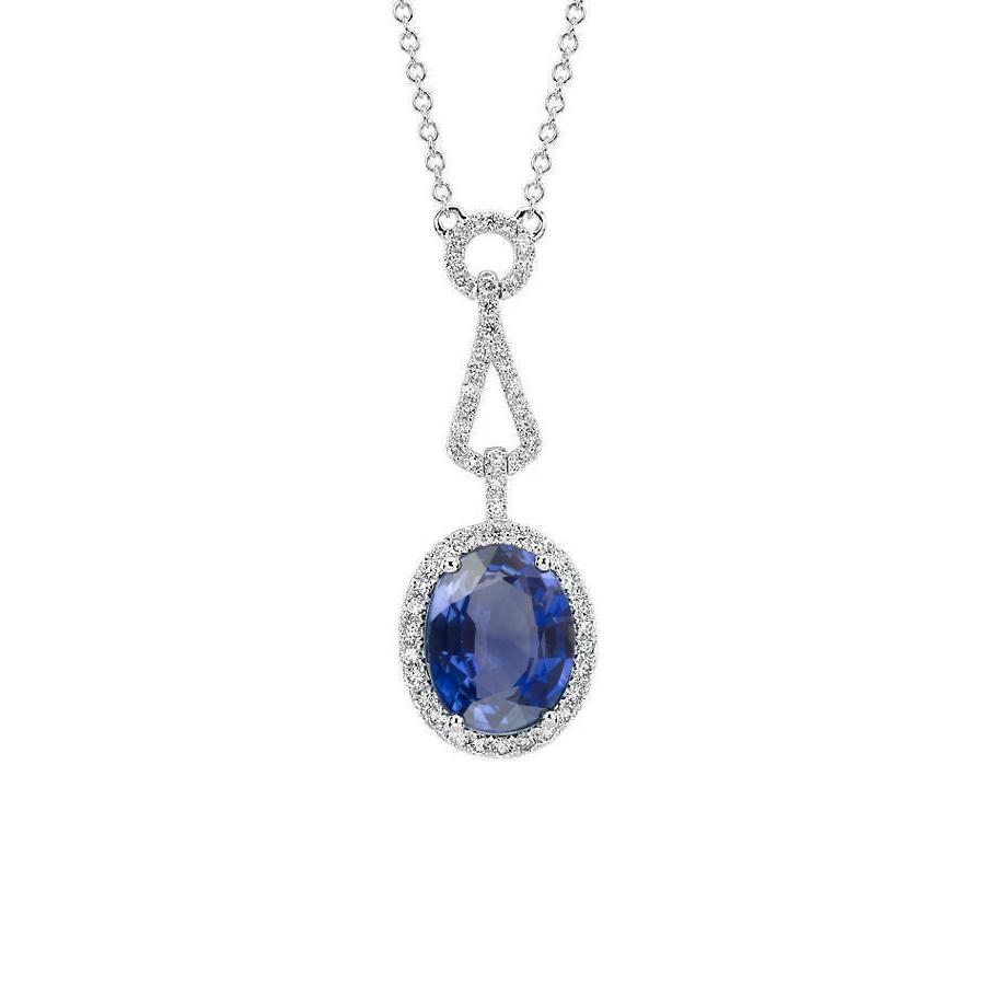 Halo Blue Saphir und Diamanten Anhänger Halskette 4 Karat Gold 14K