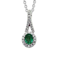 Halskette mit grünem Smaragd und ovalem Diamant-Edelstein-Anhänger 5 ct. WG 14K