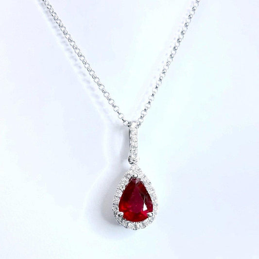 Halskette mit Rubin und Diamant im Birnenschliff 4 Karat Weißgold 14K