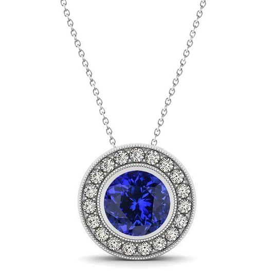 Lünette Set Tansanit mit Diamanten Anhänger Halskette Gold 14K 2.75 Ct