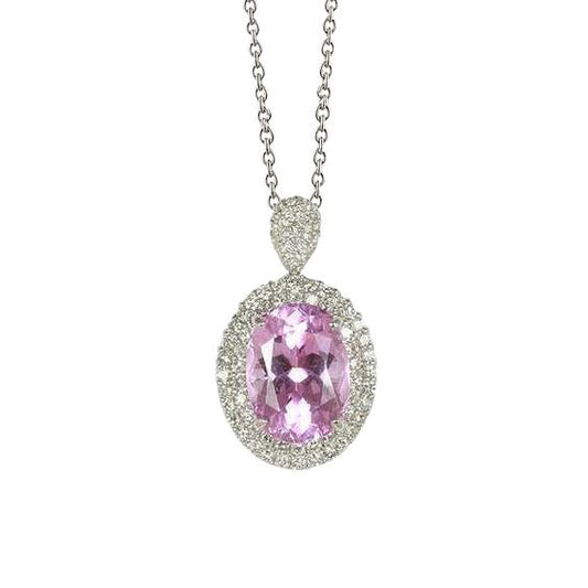 Oval Cut Pink Kunzit und Diamant Anhänger 15.50 Karat Weißgold 14K