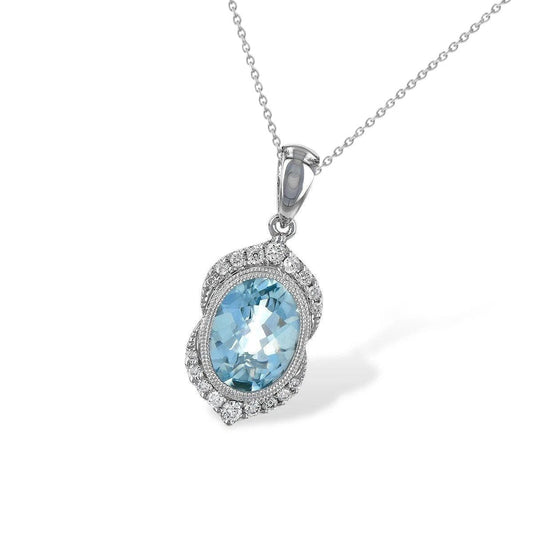 Ovale Halskette mit Aquamarin und rundem Diamanten 8.30 ct. WG 14K