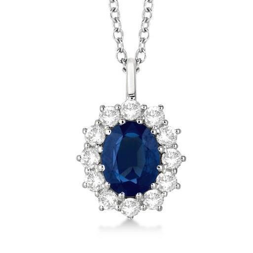 Ovaler blauer Saphir mit Diamanten Anhänger Halskette 2,70 ct Weißgold - harrychadent.ch