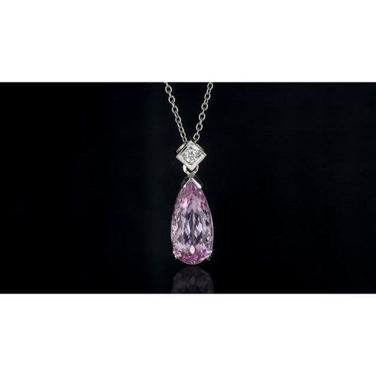 Pink Pear Cut Kunzit und Diamant Halskette Anhänger 16,25 Karat Neu