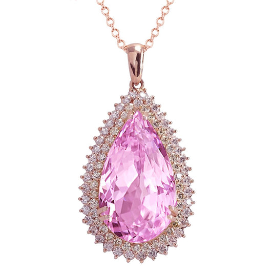 Rosa Kunzit mit Diamanten 25,35 ct Anhänger Halskette Roségold 14K