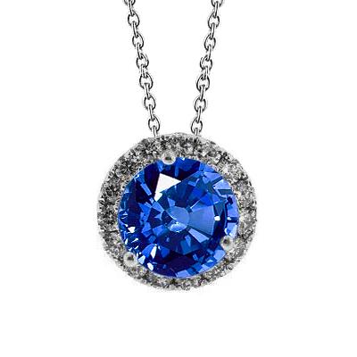 Runde Ceylon Saphir & Diamant Anhänger Halskette 3.50 Karat WG 14K