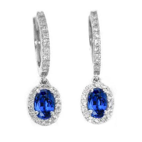 2.50 Carats Blue Oval Cut Sapphire Jewelry Diamant Drop Earring Gold