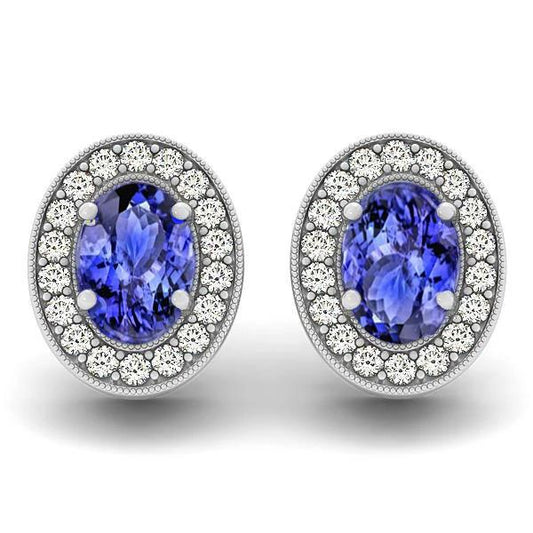 6 Karat Halo Blue Tansanit und Diamant Ohrstecker 14K Weißgold