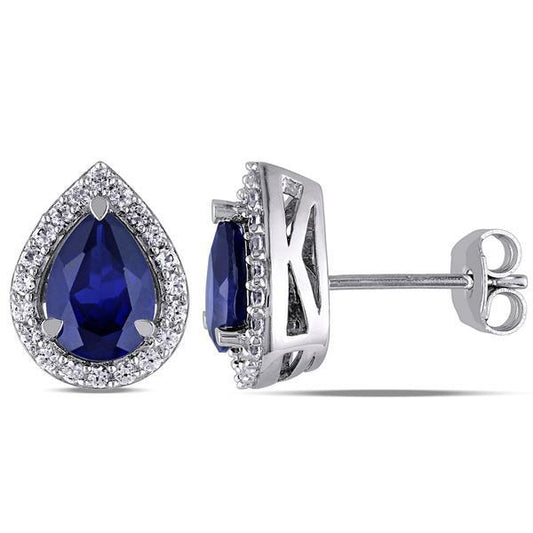 Birne Ceylon Blauer Saphir Diamanten 3.45 ct Ohrstecker Weißgold 14K