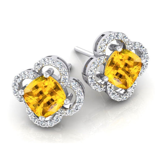 Gelber Saphir-Diamantohrringe im Kleeblatt-Stil 7,75 Karat