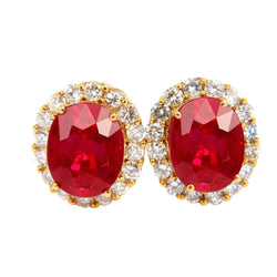 Gelbgold 14K Ovaler Roter Rubin Und Diamant Ohrstecker Paar 9 Kt
