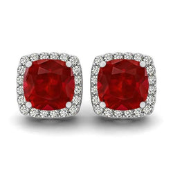 Kissen Rubin mit Diamanten 8,40 Karat Ohrstecker Halo Gold 14K