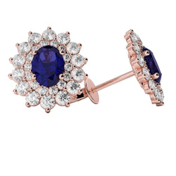 Ovaler blauer Saphir Halo Diamant Ohrstecker 11 Karat Roségold 14K