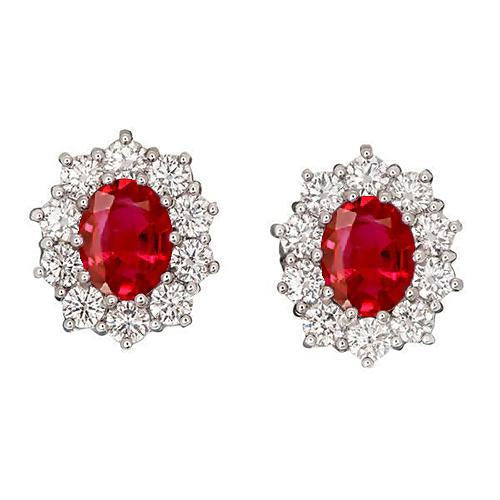 Roter Rubin im Ovalschliff mit Halo-Ohrstecker mit rundem Diamant Gold 3,50 ct