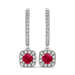 Weißgold 14K 7 Kt runder Rubin mit Diamanten Ohrringe baumeln