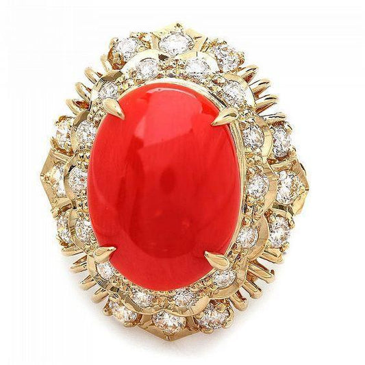 13.50 Kt Oval Rote Koralle Mit Runden Diamanten Ring Gelbgold 14K - harrychadent.ch