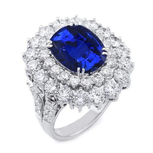 14K Weißgold 10 Kt. Kissen Saphir und Ring mit runden Diamanten - harrychadent.ch