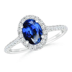 2,25 Karat Ovaler Ehering mit blauem Saphir und Diamanten Weißgold 14K
