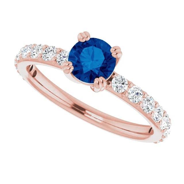 2.50 Karat Ring Roségold 14K Diamant & runder blauer Saphir - harrychadent.ch
