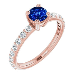 2.50 Karat Ring Roségold 14K Diamant & runder blauer Saphir