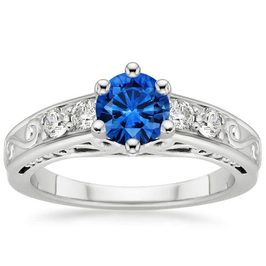 2.60 Karat Runder Ceylon Saphir Diamanten Ring 14K Weißgold
