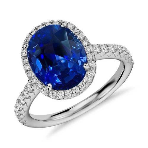 2.90 Karat Oval Blauer Saphir & Runder Verlobungsring WG 14K