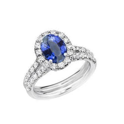 3 Karat Ovaler blauer Saphir und runde Diamanten Ring Weißgold 14K