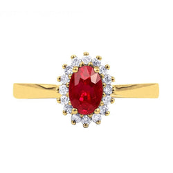 3 Karat Ovalschliff Ring mit rotem Rubin und rundem Diamanten Gelbgold Schmuck