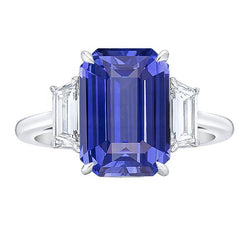 3 Stein Blauer Saphir Ring Smaragd & Trapezoid Diamanten 3,50 Karat