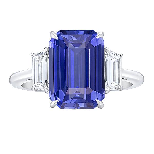 3 Stein Blauer Saphir Ring Smaragd & Trapezoid Diamanten 3,50 Karat - harrychadent.ch