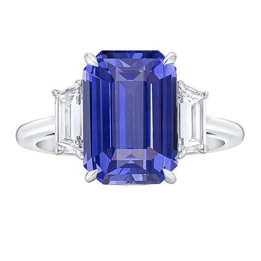 3 Stein Blauer Saphir Ring Smaragd & Trapezoid Diamanten 3,50 Karat - harrychadent.ch