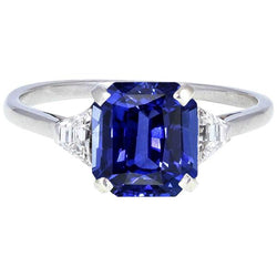 3 Stein Blauer Saphir Ring Smaragd & Trapezoid Diamanten 3,50 Karat