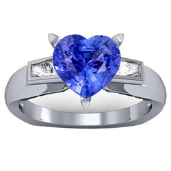 3 Steine Baguette Diamant & Blauer Saphir Herzförmiger Ring 2,75 Karat