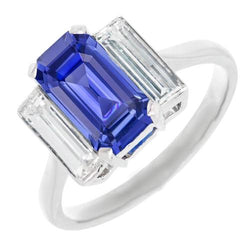 3 Steine Baguette Diamant Blauer Saphir Smaragdschliff Ring 3,50 Karat