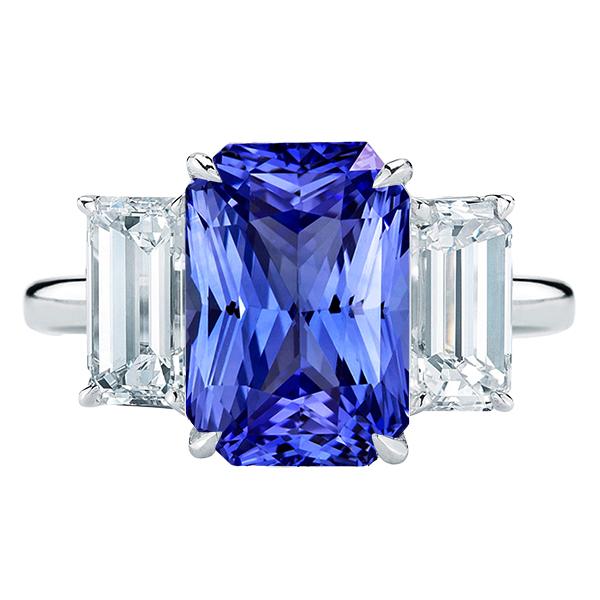 3 Steine Blauer Saphir Ring Smaragdschliff Diamanten Krappenset 5,50 Karat - harrychadent.ch