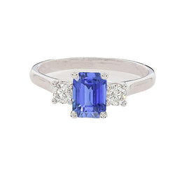 3 Steine Blauer Saphir Smaragd & Runder Diamant Ring 2,50 Karat