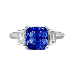 3 Steine Ehering Kissen Saphir & Trapez Diamant 2,50 Karat