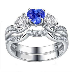 3 Steine Ehering Set Herz Blauer Saphir & Runde Diamanten 3 Karat