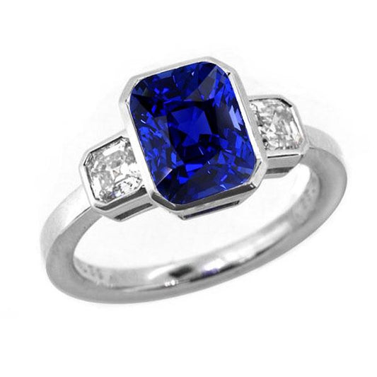 3 Steine Kissen Lünette Set Blauer Saphir & Diamant Ring 3,50 Karat - harrychadent.ch