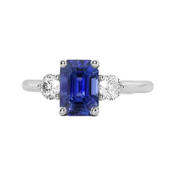3 Steine natürlicher blauer Saphir Smaragdring & Diamanten 3 Karat