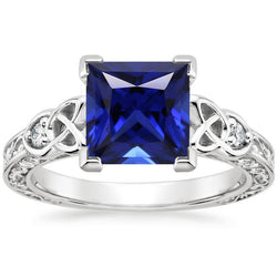 3 Steine Ring 5,25 Karat Filigrane Prinzessin Blauer Saphir & Diamant Neu
