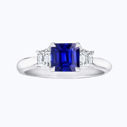 3 Steine Ring Asscher Schliff Blauer Saphir & Trapezoid Diamanten 2 Karat
